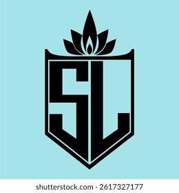 SL Logo featuring a minimalist design with a crown-like flower symbol on top, bold black elements, and a soft blue background, perfect for branding and modern visual identity.