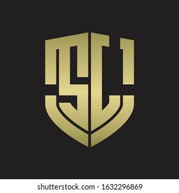 SL Logo monogram with emblem shield shape design isolated gold colors on black background