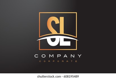 SL S L Golden Letter Logo Design With Swoosh And Rectangle Square Box Vector Design.