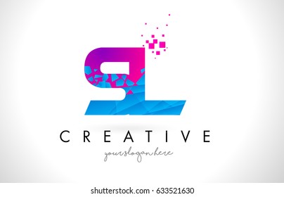 SL S L Letter Logo with Broken Shattered Blue Pink Triangles Texture Design Vector Illustration.