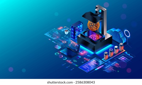 SLA 3d printer, laptop on table in workshop of additive 3 d maker. 3d printing isometric concept. 3d printer workplace. 3d printer printed computer model designed on laptop. Prototyping of detail.