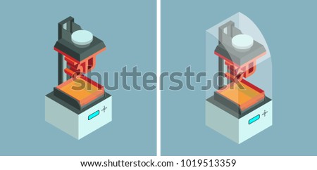 SLA (laser stereolithography) 3d printer. Vector isometric icons