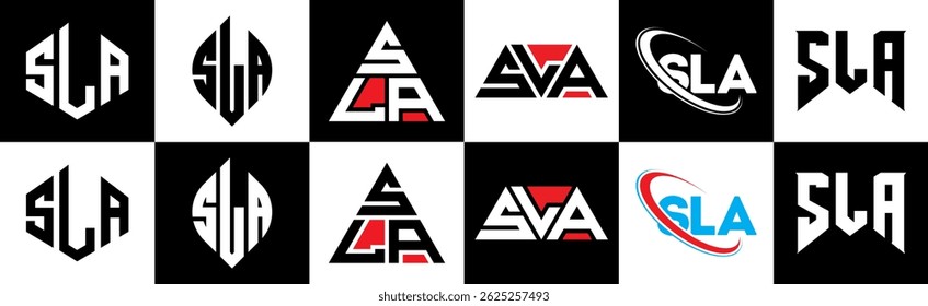 SLA letter logo design in six style. SLA polygon, circle, triangle, hexagon, flat and simple style with black and white color variation letter logo set in one artboard. SLA minimalist and classic logo