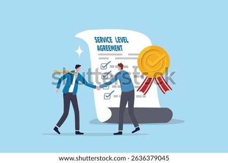 SLA service level agreement, commitment or support contract for uptime, availability or resolution for service problem, guarantee concept, businessman handshake with SLA checklist contract agreement.