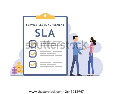 SLA service level agreement, guarantee concept, commitment or support contract for uptime, availability or resolution for service problem