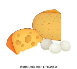 Lote de queso y huevos aislados en la composición del vector de fondo blanco