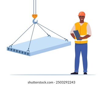 Losa colgada en el gancho de la grúa por eslingas de cuerda. Ingeniero de Black Man en busca de proceso de transporte y carga de losas. Trabajador de la construcción con casco protector y ropa. Ilustración vectorial