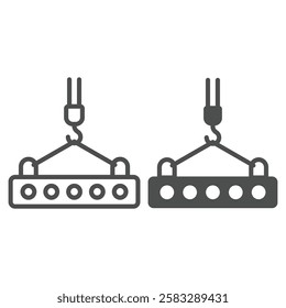 Slab lifted by crane line and solid icon, building construction concept. Vector graphics. Crane hook with plate sign on white background, outline style icon for mobile or web design