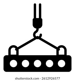 Slab lifted by crane solid icon, building construction concept. Vector graphics. Crane hook with plate sign on white background, glyph style mobile or design
