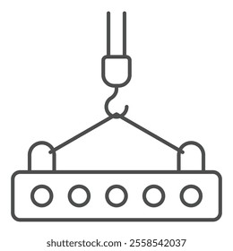 Slab lifted by crane thin line icon, building construction concept. Vector graphics. Crane hook with plate sign on white background, outline style icon for mobile or web design