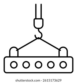 Slab lifted by crane thin line icon, building construction concept. Vector graphics. Crane hook with plate sign on white background, style mobile or design
