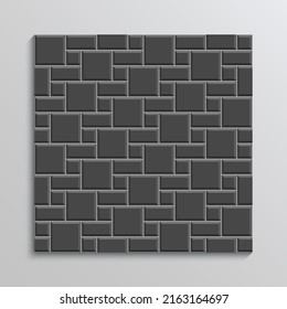 Slab pavement texture. Paved street. Black floor tiles. Brick seamless pattern. Decorative sidewalk. Stone background. Cobblestone garden footpath top view. Mosaic outdoor print. Vector illustration