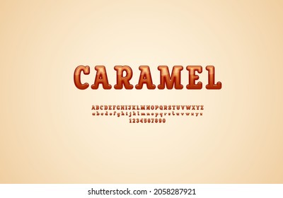 Slab serif 3d font, caramel alphabet, rounded uppercase and lowercase letters from A to Z and numbers from 0 to 9, vector illustration 10EPS