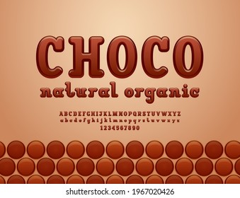 Slab serif 3d font, chocolate alphabet, rounded uppercase and lowercase letters from A to Z and numbers from 0 to 9, vector illustration 10EPS