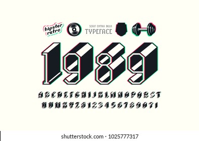 Slab serif bulk font with glitch distortion effect. Letters and numbers for logo and title design. Color print on white background