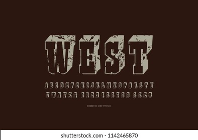 Slab serif bulk font in retro style. Letters and numbers with rough texture for logo and title design.  Gray print on black background