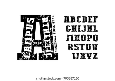 Slab serif font in athletic style. Extra bold face. Letters with rust texture for t-shirt and title design. Print on black background