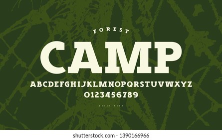 Slab serif font in classic style. Bold face. Letters and numbers for logo and label design. White print on green texture background