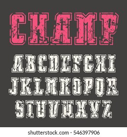Slab serif font in college style with contour and shabby texture. Print on black background