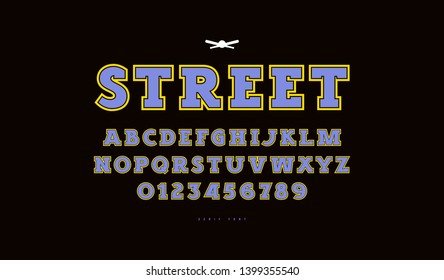 Slab serif font with contour. Letters and numbers for athletic logo and t-shirt design. Color print on black background
