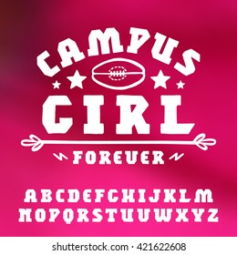 Slab serif font hand-drawn. Extra bold face. Graphic design for t-shirt. White print on blurred background
