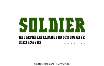 Slab serif font in military style. Letters and numbers for logo and emblem design. Isolated on white background