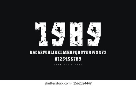 Slab serif font in military style. Letters and numbers with rough texture for logo and emblem design. White print on black background
