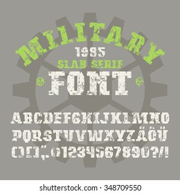 Slab serif font in military style with shabby texture. Bold face