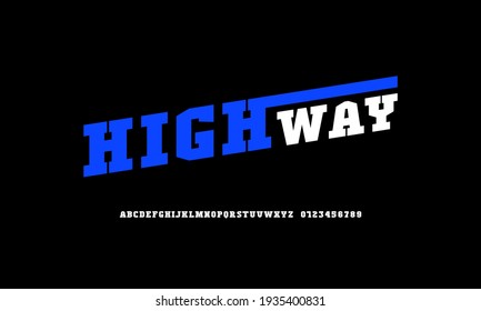 Slab serif font in sport style. Letters and numbers for emblem, logo and title design. Color print on black background