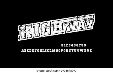 Slab serif font in sport style. Letters and numbers with rough texture for emblem, logo and title design. White print on black background
