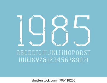 Slab serif font in the sport style. Thin line typeface. Letters and numbers with rust texture for logo and title design. White print on blue background