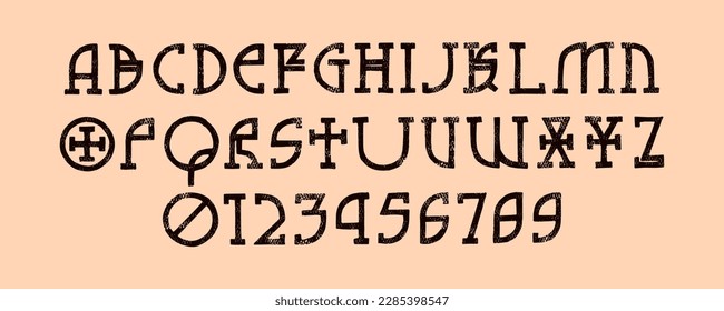 Tipo de letra de serif en bloques en el estilo de gráfico dibujado a mano. Letras y números con textura vintage para el diseño de logotipo y etiqueta