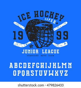 Slab serif font in the style of handmade graphics. Ice hockey club emblem for t-shirt. Print on blue background