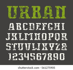 Slab serif font in urban style with shabby texture. Print on black background
