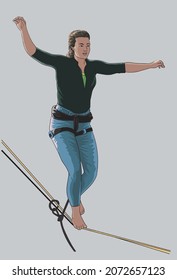 Slackline athlete drawing, extreme sport,art.illustration, vector