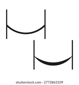 Slackline balance line between vertical posts icon vector. Graphic symbol represents extreme outdoor sports or physical tension.