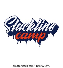 Slackline camp lettering logo isolated on white background. Modern calligraphy vector illustration for design t-shirts, banners, labels, apparel, competition. Navy and red colors.