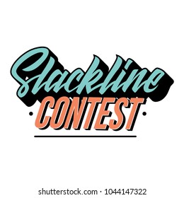 Slackline contest lettering logo isolated on white background. Modern calligraphy vector illustration for design t-shirts, banners, labels, apparel, competition. Blue and red colors.