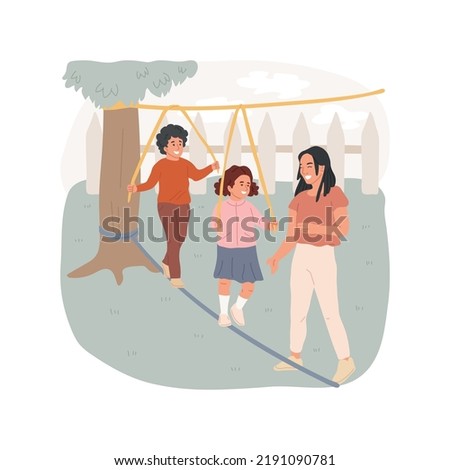 Slackline isolated cartoon vector illustration. Child walking on the rope, slackline for kids, backyard slacklining, family leisure time, oudoor activity, learn to balance vector cartoon.
