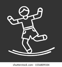 Slacklining chalk icon. Balance training. Slack rope walking. Tightrope walker. Person balancing on suspended webbing. Extreme sport. Isolated vector chalkboard illustration