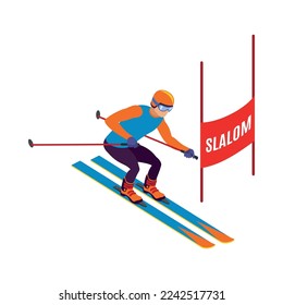 Slalom athlete on skis 3d isometric vector illustration