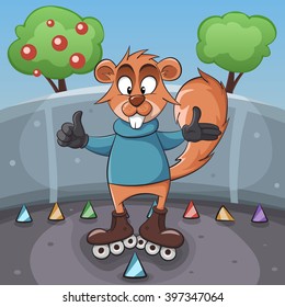 Slalom, cone, rollers and Squirrel illustration.