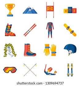 Slalom icon collection. Set with equipment, wear and shoes. Vector illustration.