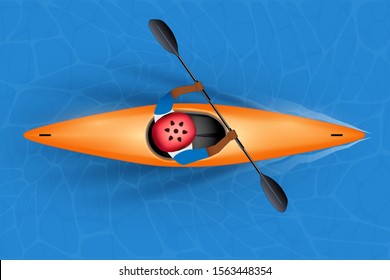 Slalom Single Kayak with paddler inside on water surface. Top view of whitewater slalom kayaking with white and black man athletes. Vector Illustration isolated on white background.