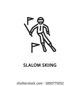 Slalom skier flat line icon. Vector illustration a person who is skiing down the mountain between flags.