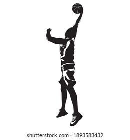 Slam dunk. Basketball shooting technique. Young man athlete, professional basketball player silhouette shooting ball into the hoop jumping in the air, vector illustration. Sport and healthy lifestyle.