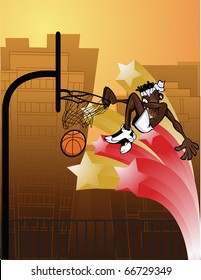 Slam Dunk Urban/Cartoony character with urban feel slam dunking outdoors.