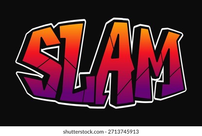 Slam word displaying dynamic graffiti style lettering with a vibrant orange to purple gradient, outlined in white on a solid black background, creating an impactful urban design
