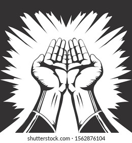 Slamic Praying Hand  Black And White Illustration Vector