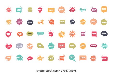 slang bubbles different words and phrases in multicolor cartoon, hello lol yes omg super thanks flat icons set vector illustration